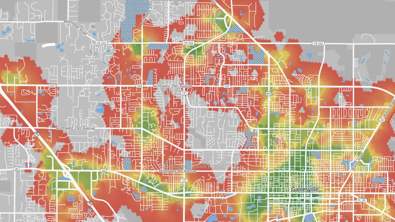 Walk Grade map of 32605, FL, walkable areas in green and car-dependent areas in red