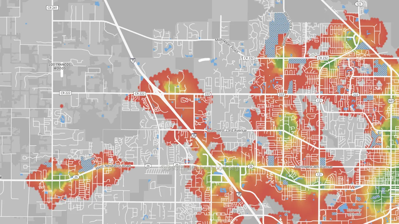 Walk Grade map of 32606, FL, walkable areas in green and car-dependent areas in red