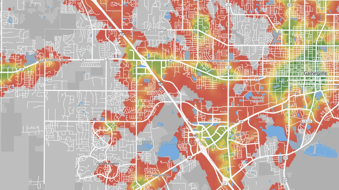 Walk Grade map of 32607, FL, walkable areas in green and car-dependent areas in red