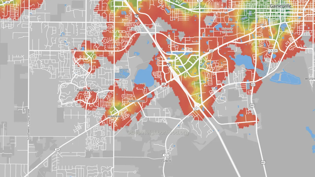 Walk Grade map of 32608, FL, walkable areas in green and car-dependent areas in red