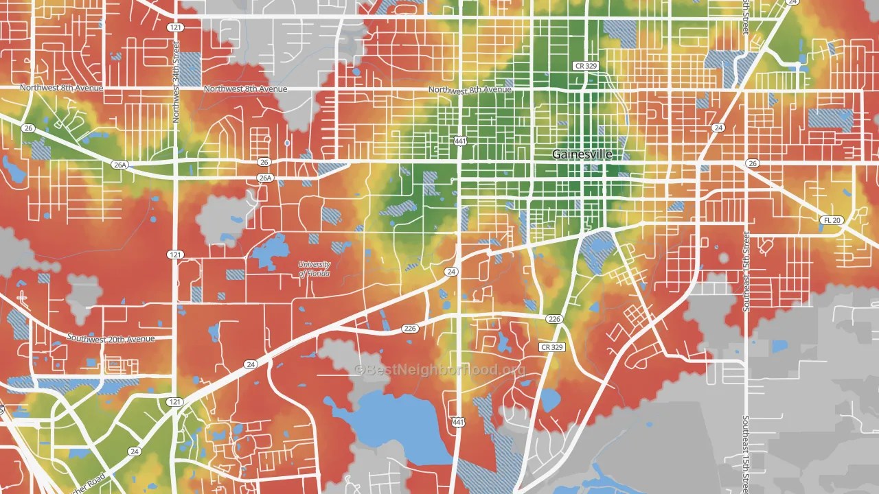 Walk Grade map of 32610, FL, walkable areas in green and car-dependent areas in red