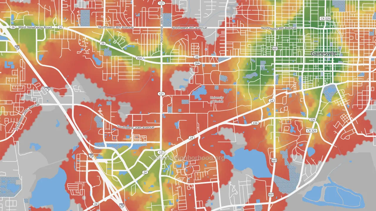 Walk Grade map of 32611, FL, walkable areas in green and car-dependent areas in red