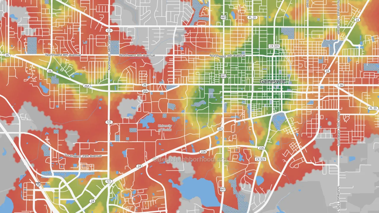 Walk Grade map of 32612, FL, walkable areas in green and car-dependent areas in red