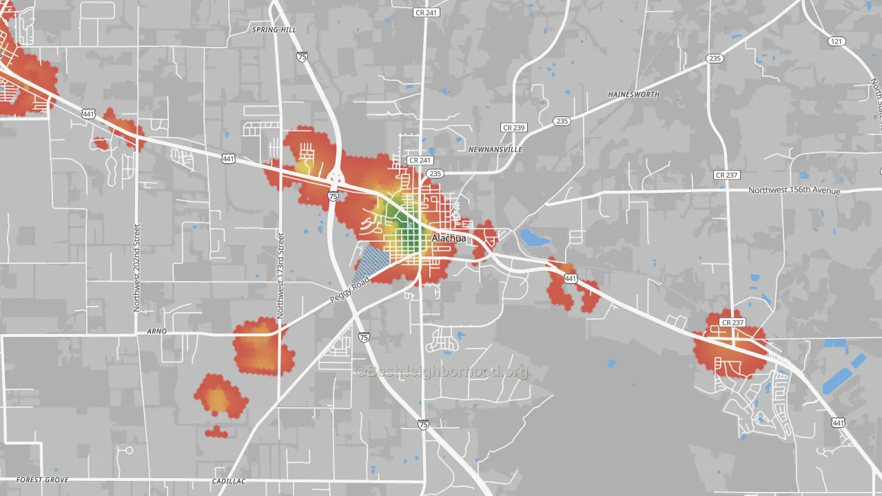 Walk Grade map of 32615, FL, walkable areas in green and car-dependent areas in red