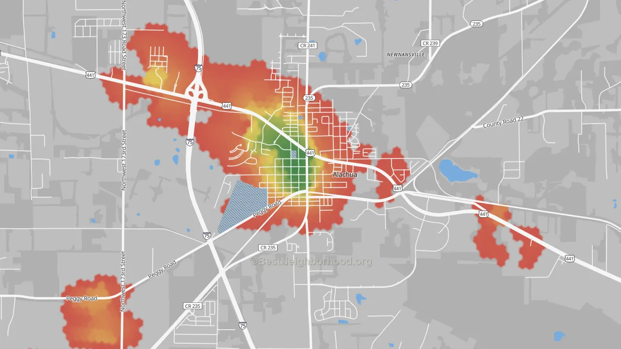 Walk Grade map of 32616, FL, walkable areas in green and car-dependent areas in red