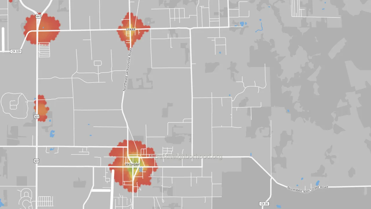 Walk Grade map of 32617, FL, walkable areas in green and car-dependent areas in red