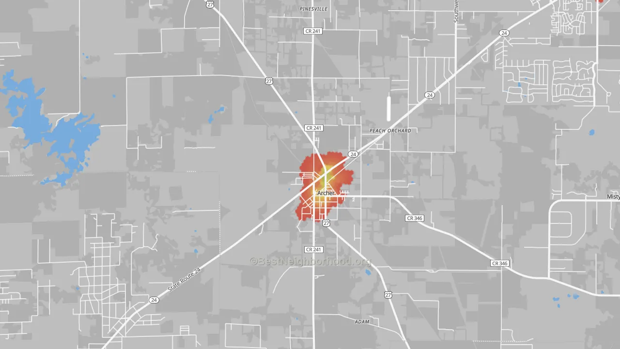 Walk Grade map of 32618, FL, walkable areas in green and car-dependent areas in red