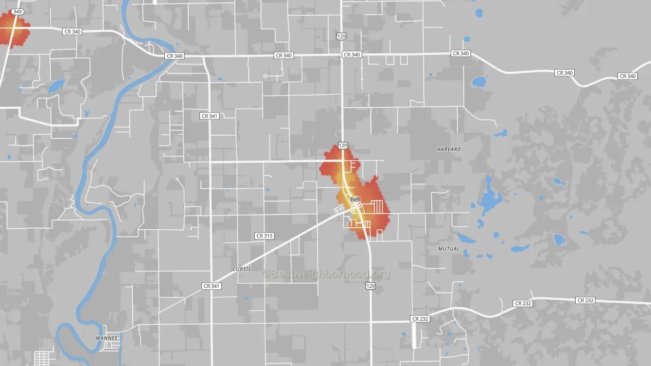 Walk Grade map of 32619, FL, walkable areas in green and car-dependent areas in red