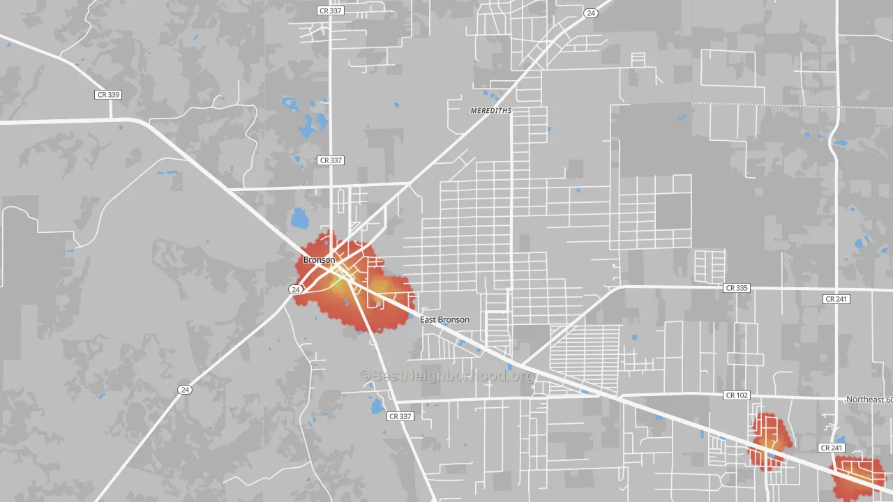 Walk Grade map of 32621, FL, walkable areas in green and car-dependent areas in red