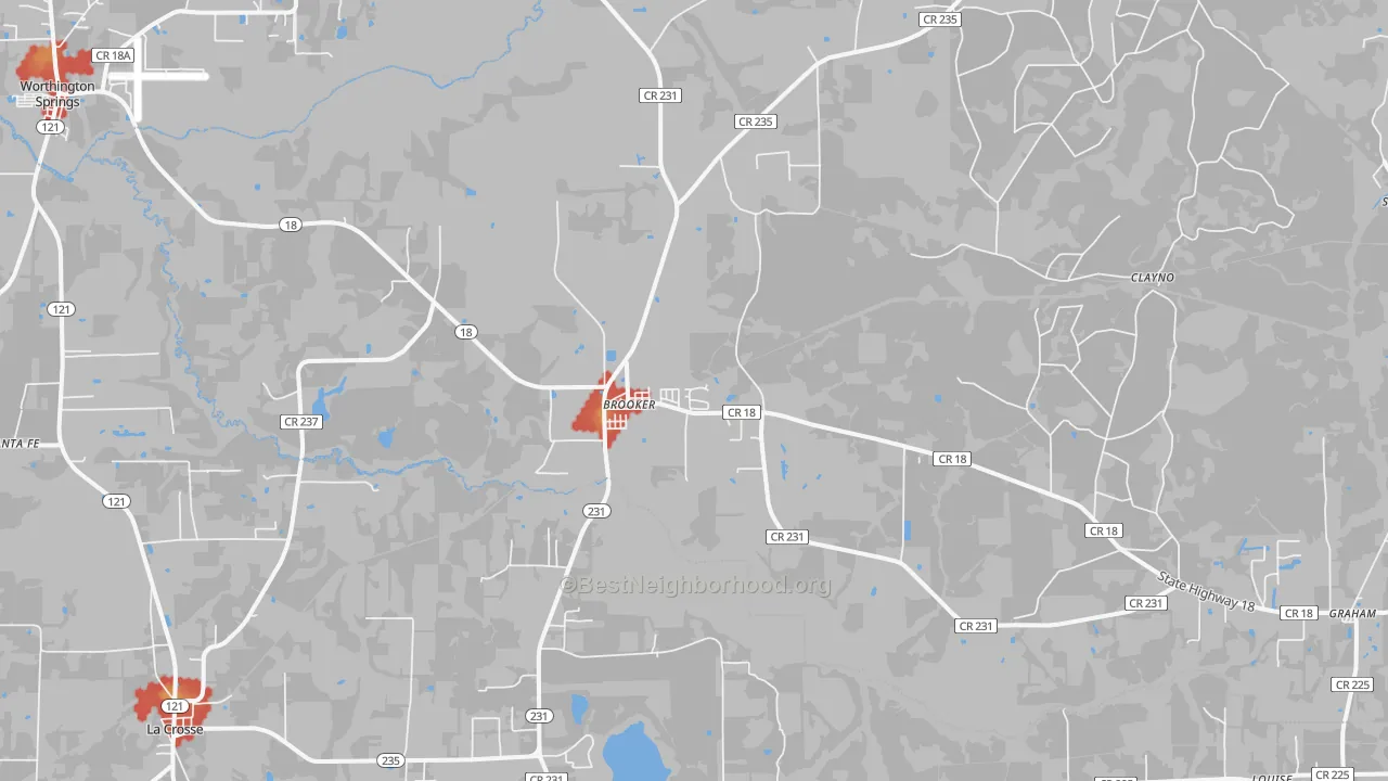 Walk Grade map of 32622, FL, walkable areas in green and car-dependent areas in red
