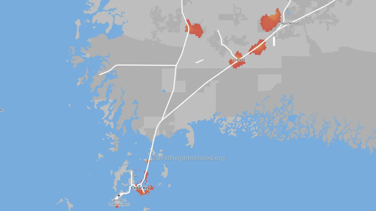 Walk Grade map of 32625, FL, walkable areas in green and car-dependent areas in red