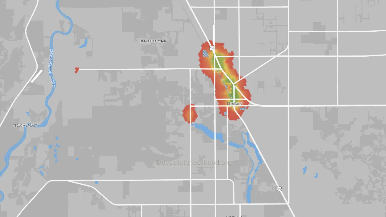 Walk Grade map of 32626, FL, walkable areas in green and car-dependent areas in red