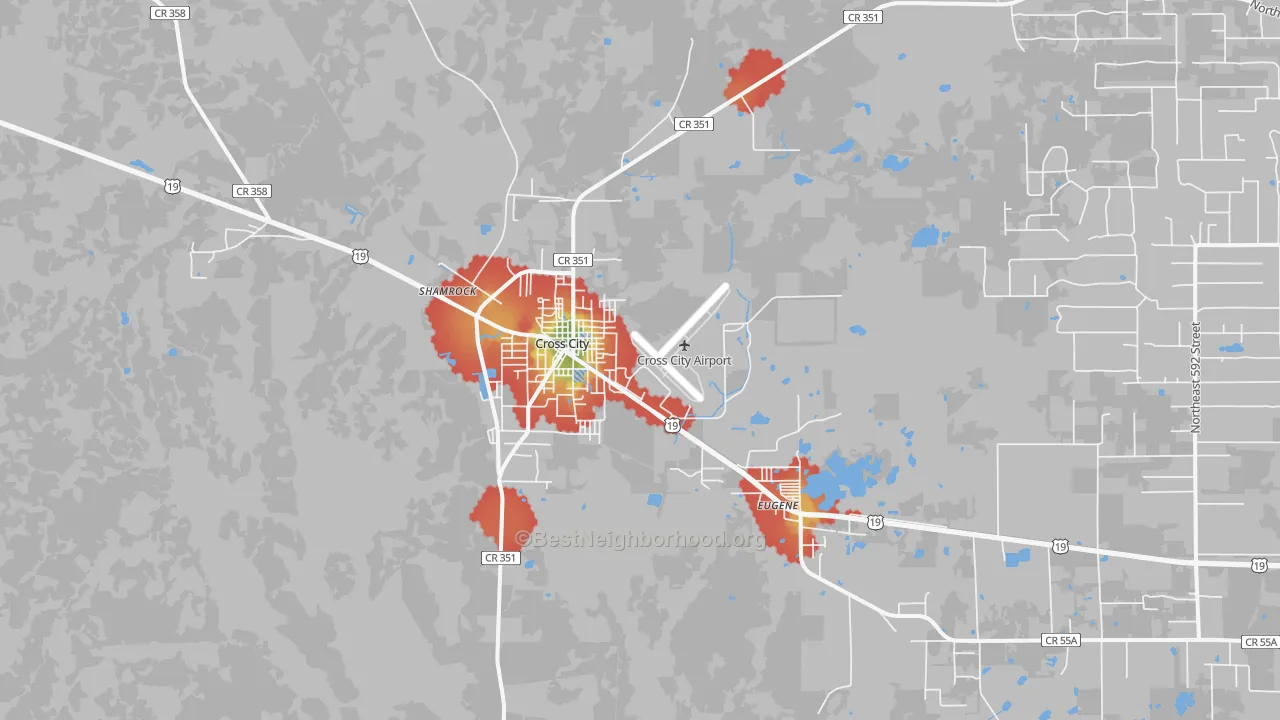 Walk Grade map of 32628, FL, walkable areas in green and car-dependent areas in red