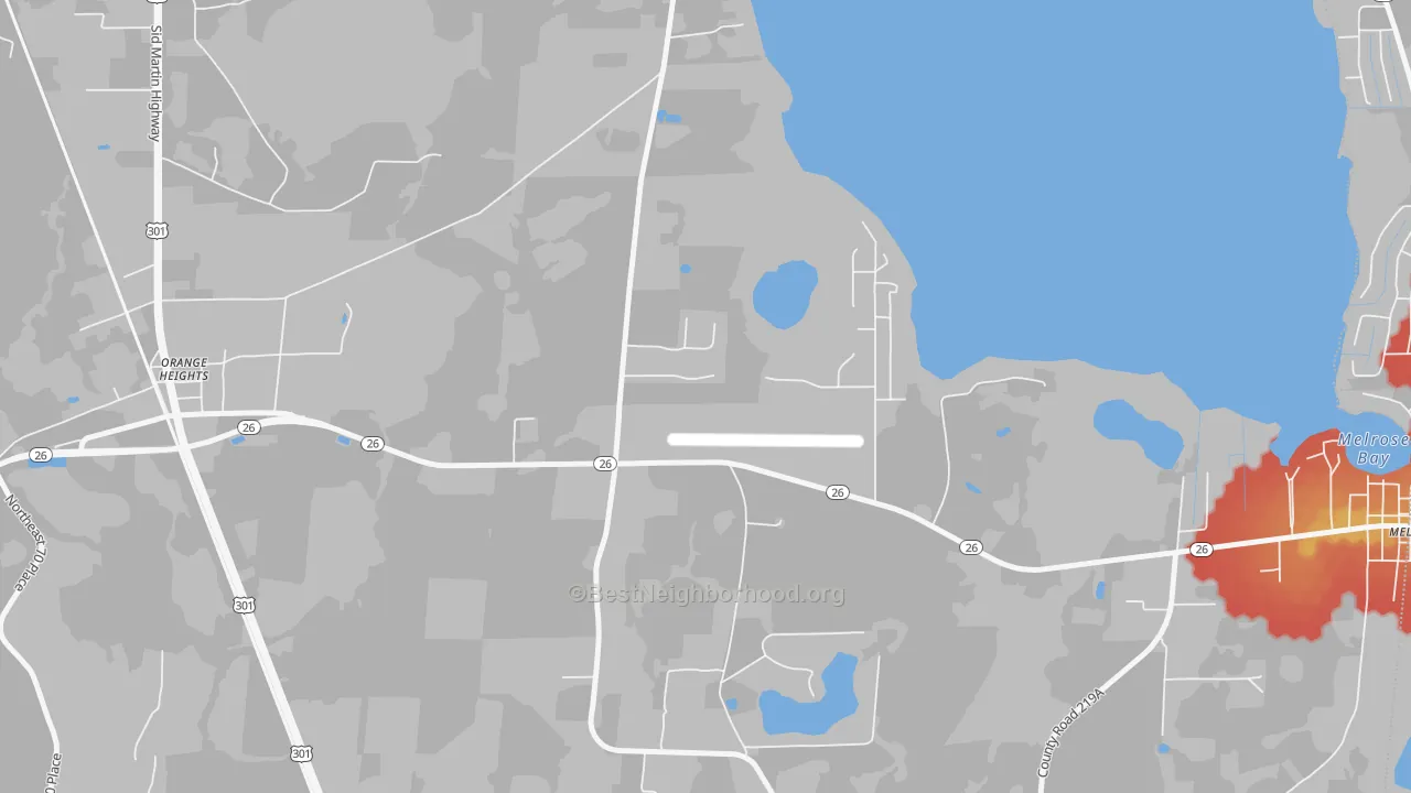 Walk Grade map of 32631, FL, walkable areas in green and car-dependent areas in red