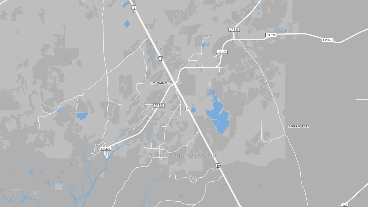Walk Grade map of 32639, FL, walkable areas in green and car-dependent areas in red