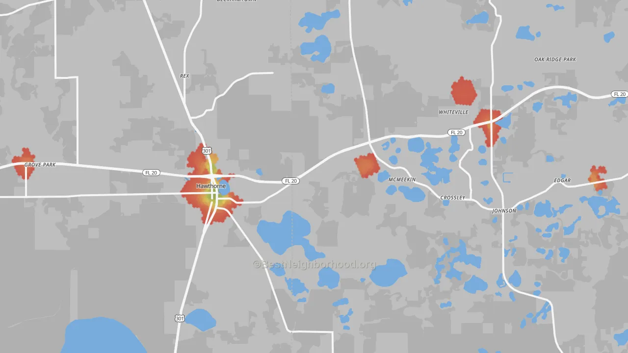 Walk Grade map of 32640, FL, walkable areas in green and car-dependent areas in red