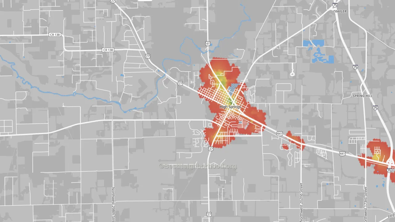 Walk Grade map of 32643, FL, walkable areas in green and car-dependent areas in red