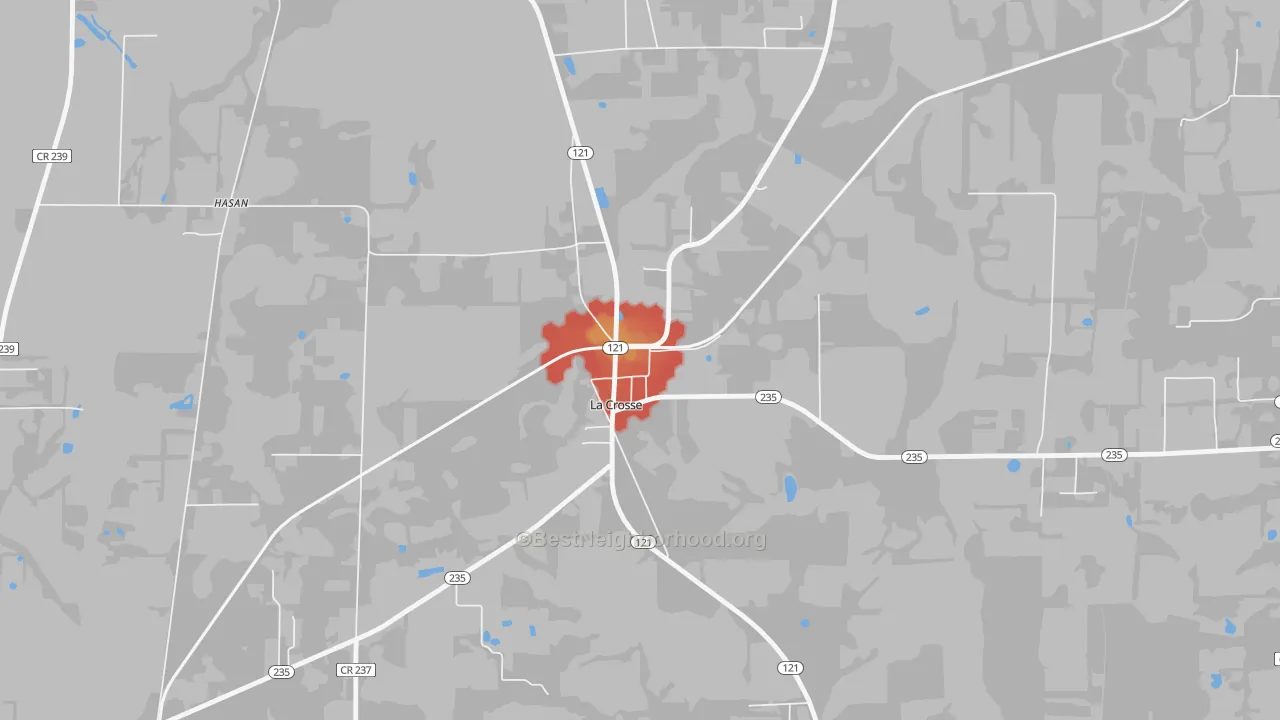 Walk Grade map of 32658, FL, walkable areas in green and car-dependent areas in red