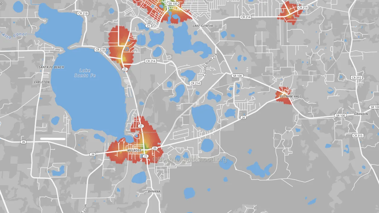 Walk Grade map of 32666, FL, walkable areas in green and car-dependent areas in red