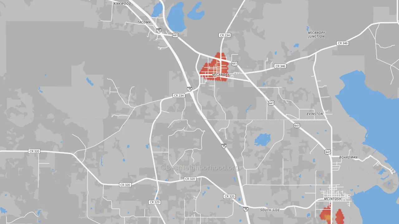 Walk Grade map of 32667, FL, walkable areas in green and car-dependent areas in red