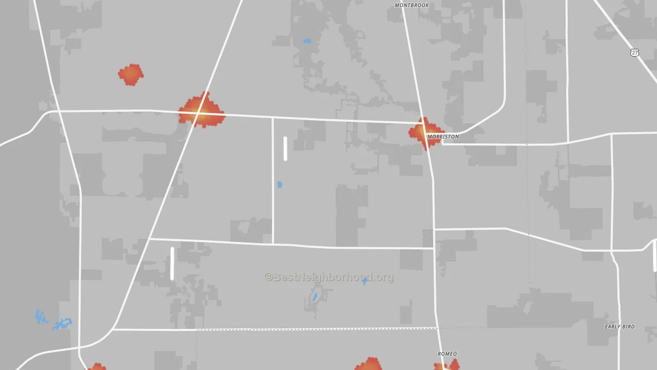 Walk Grade map of 32668, FL, walkable areas in green and car-dependent areas in red