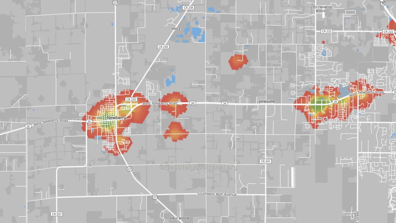Walk Grade map of 32669, FL, walkable areas in green and car-dependent areas in red