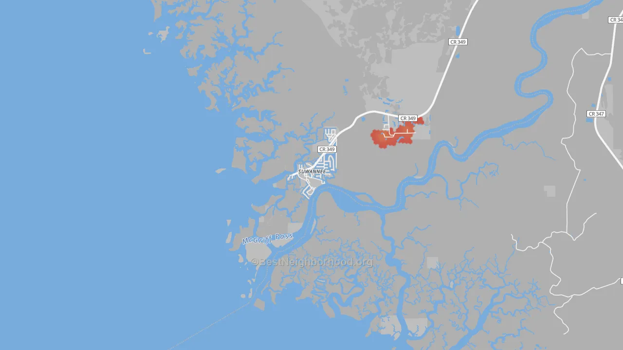 Walk Grade map of 32692, FL, walkable areas in green and car-dependent areas in red