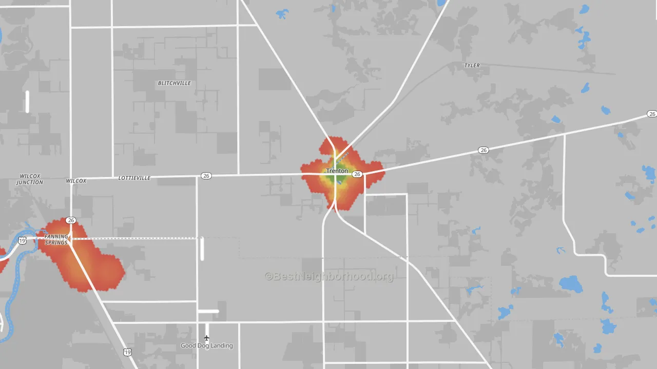 Walk Grade map of 32693, FL, walkable areas in green and car-dependent areas in red