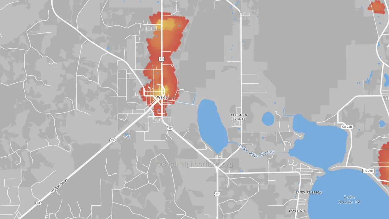 Walk Grade map of 32694, FL, walkable areas in green and car-dependent areas in red