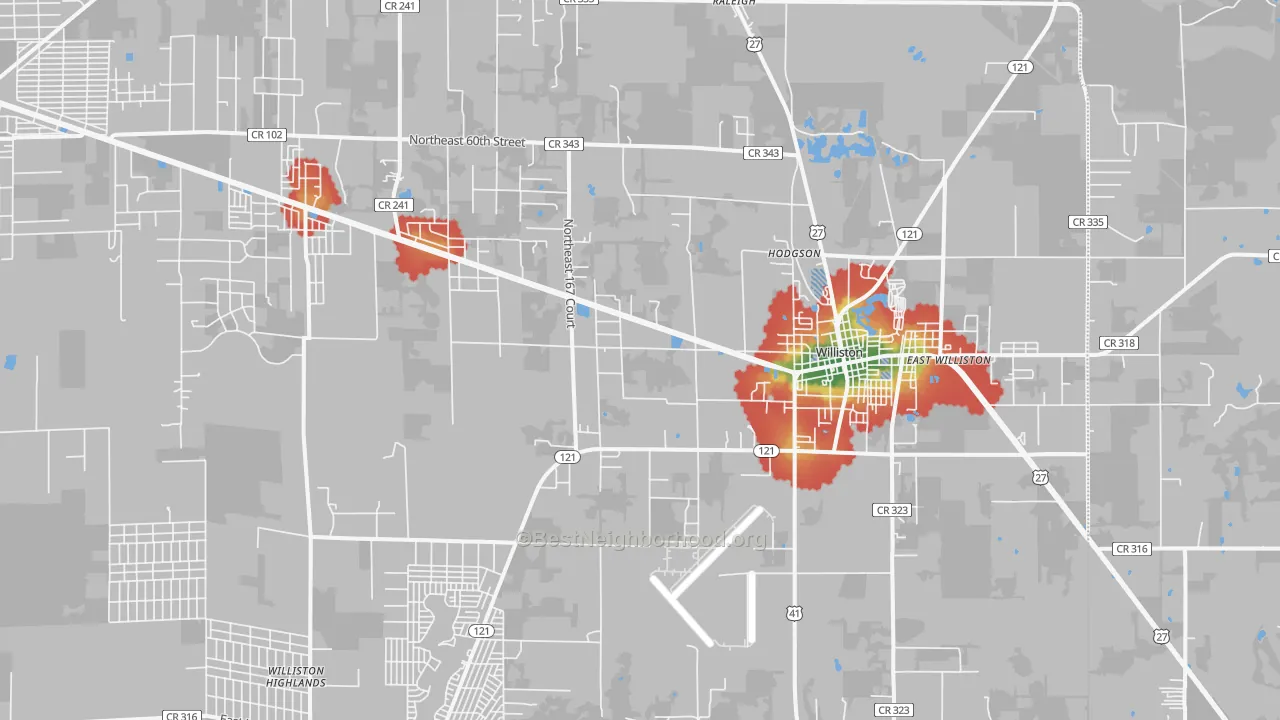 Walk Grade map of 32696, FL, walkable areas in green and car-dependent areas in red