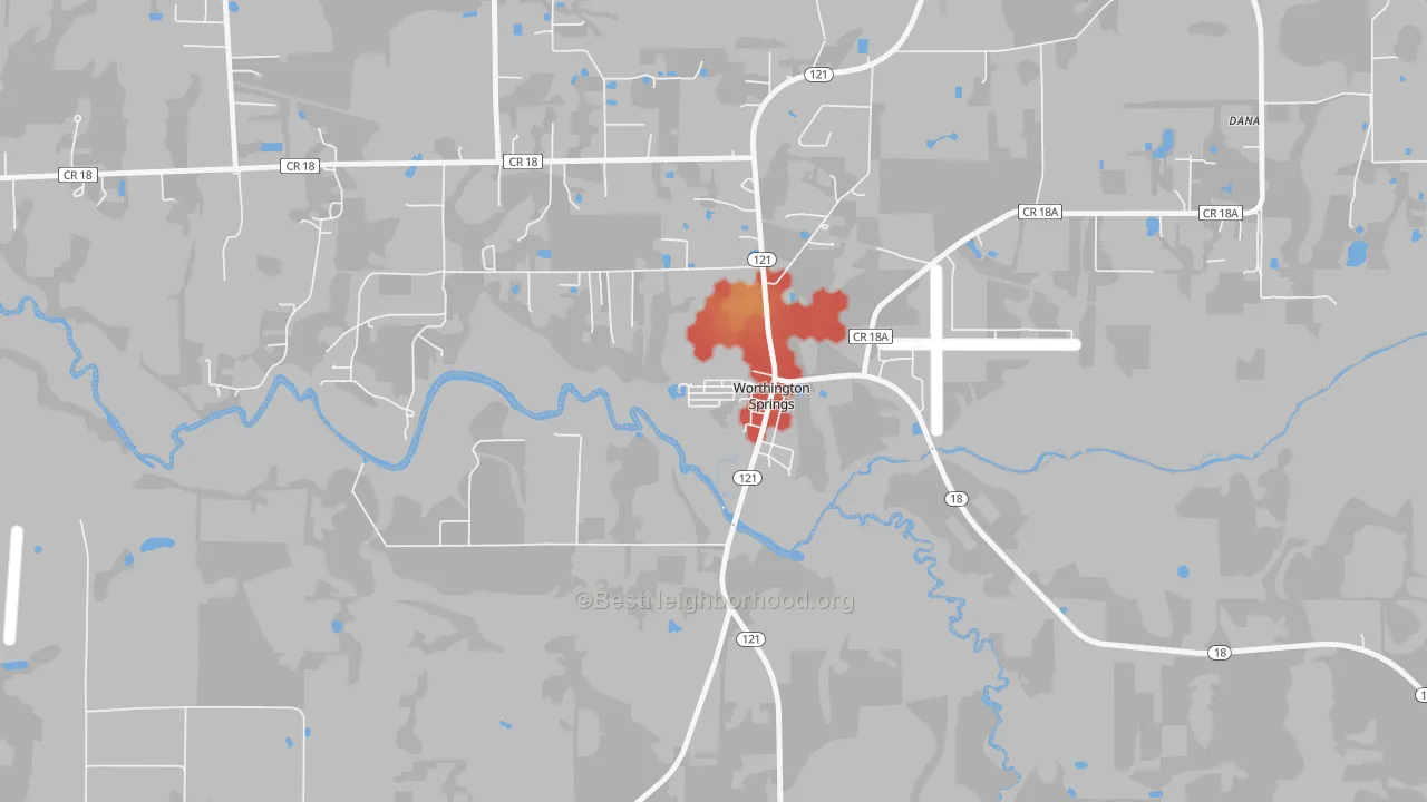 Walk Grade map of 32697, FL, walkable areas in green and car-dependent areas in red