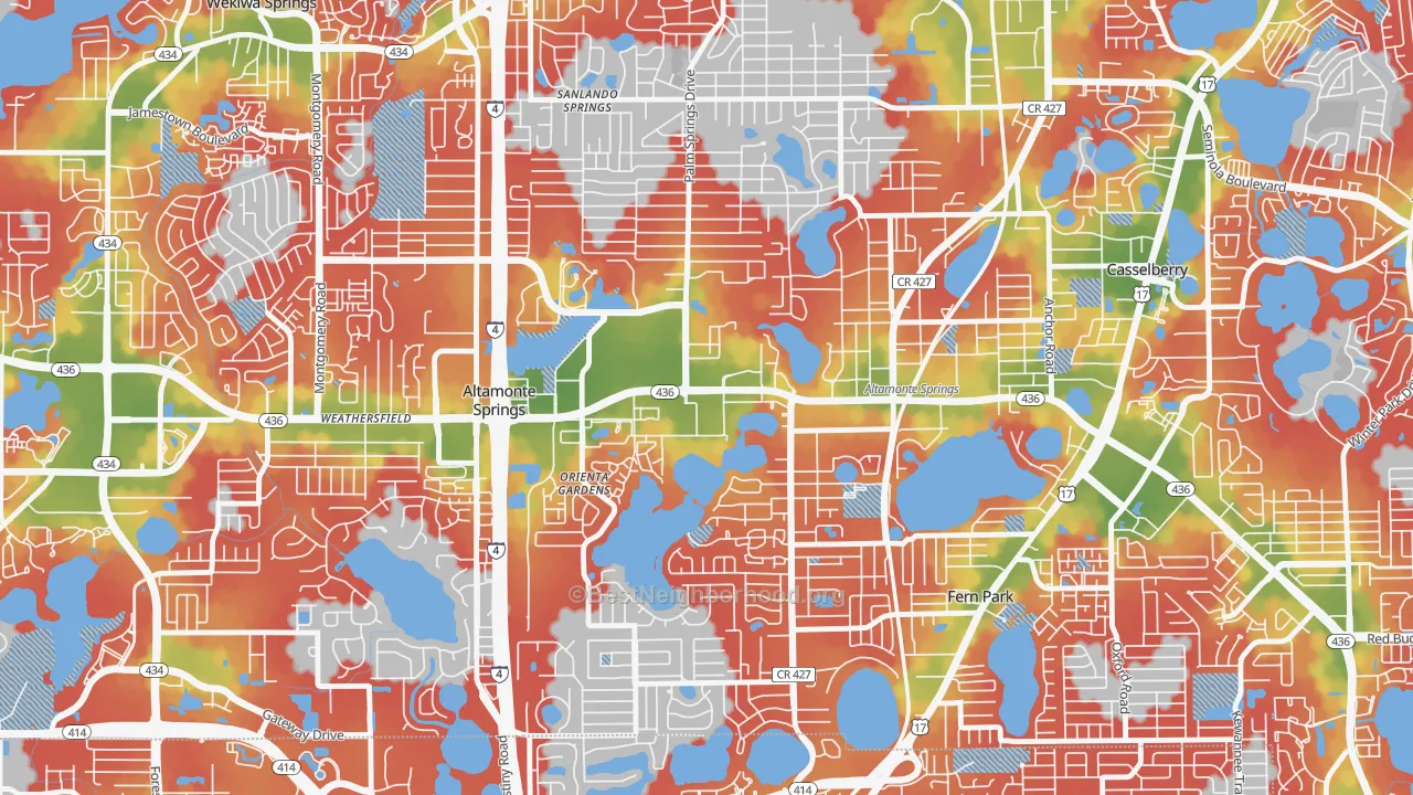 Walk Grade map of 32701, FL, walkable areas in green and car-dependent areas in red