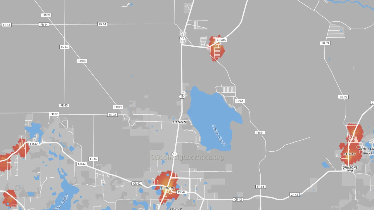 Walk Grade map of 32702, FL, walkable areas in green and car-dependent areas in red