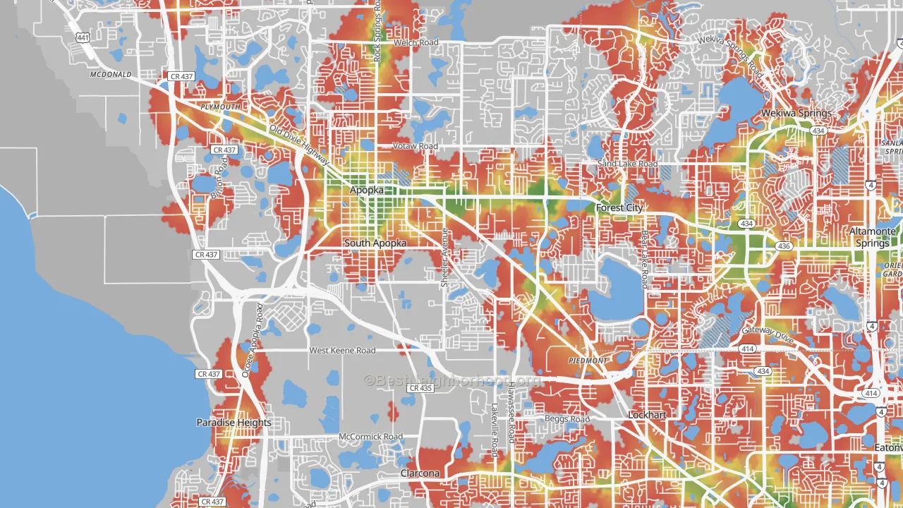 Walk Grade map of 32703, FL, walkable areas in green and car-dependent areas in red