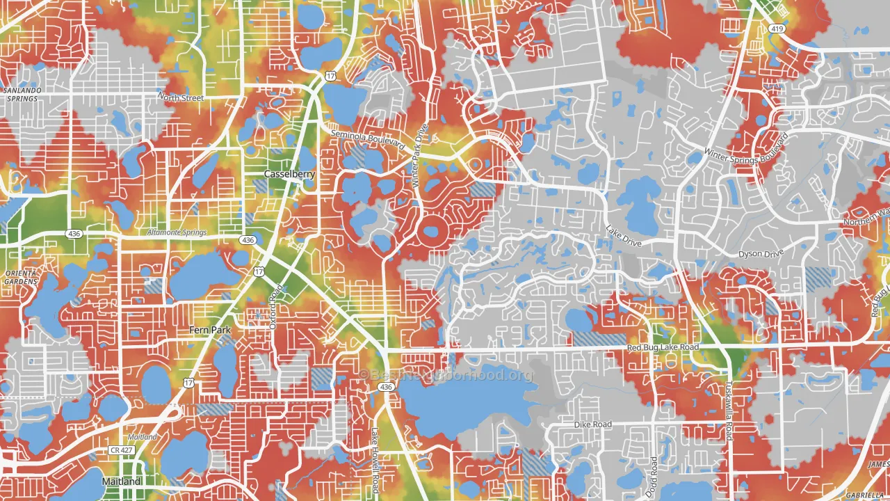 Walk Grade map of 32707, FL, walkable areas in green and car-dependent areas in red