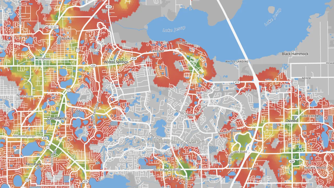 Walk Grade map of 32708, FL, walkable areas in green and car-dependent areas in red