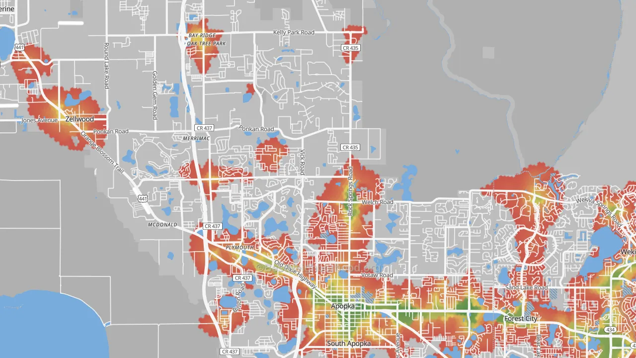 Walk Grade map of 32712, FL, walkable areas in green and car-dependent areas in red