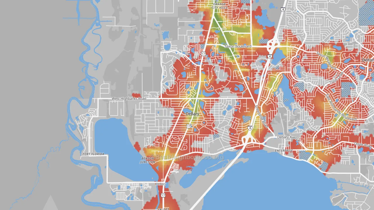 Walk Grade map of 32713, FL, walkable areas in green and car-dependent areas in red