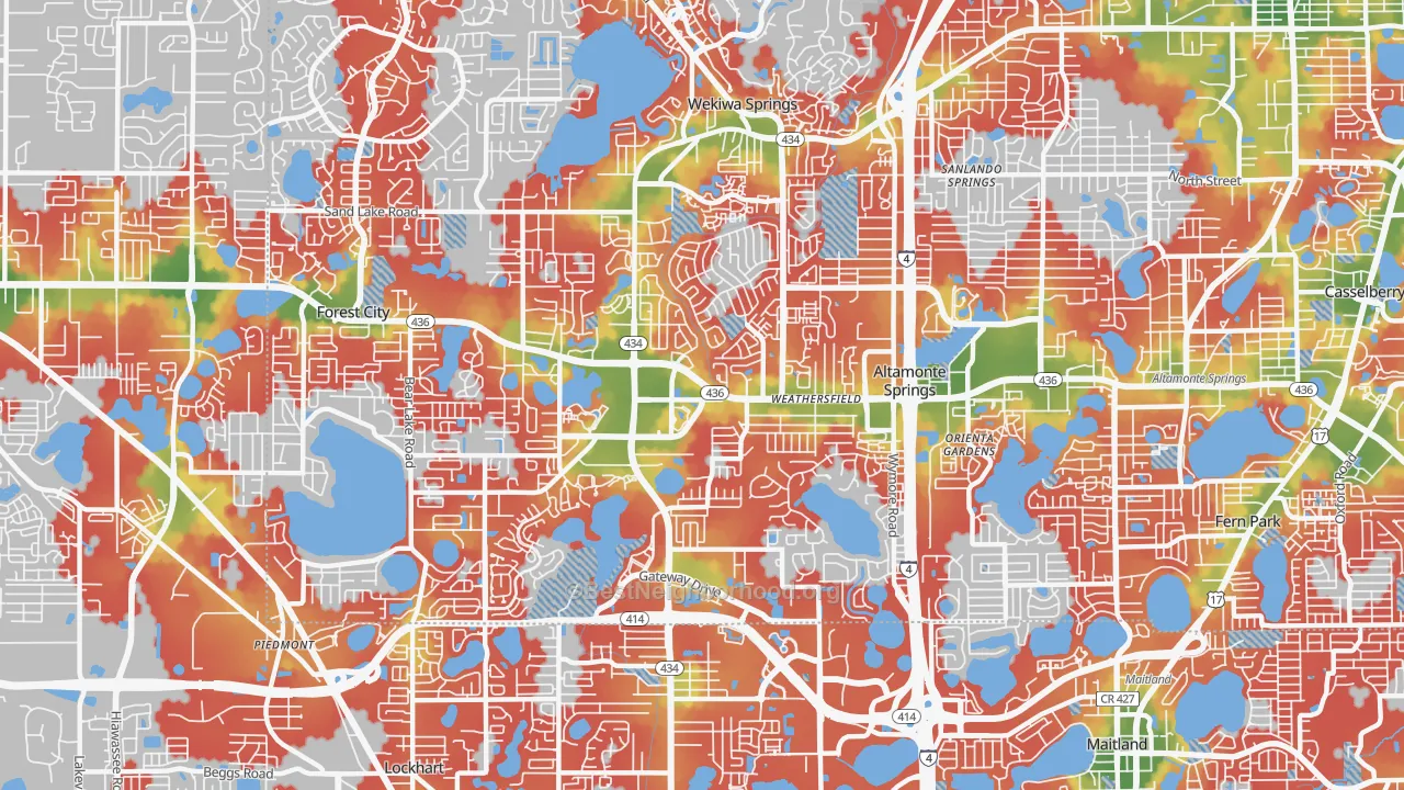 Walk Grade map of 32714, FL, walkable areas in green and car-dependent areas in red