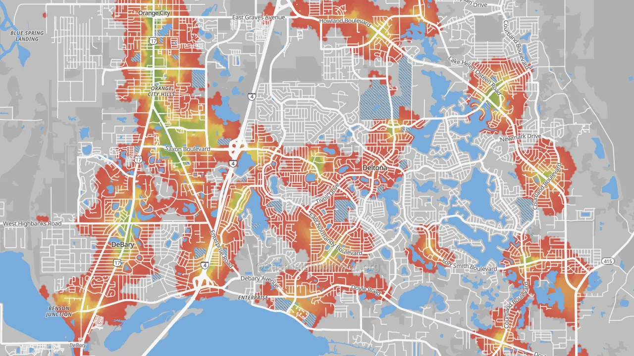 Walk Grade map of 32725, FL, walkable areas in green and car-dependent areas in red