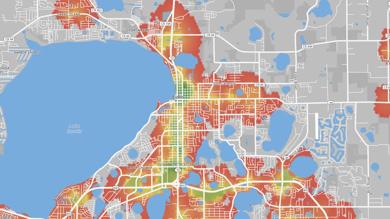 Walk Grade map of 32726, FL, walkable areas in green and car-dependent areas in red