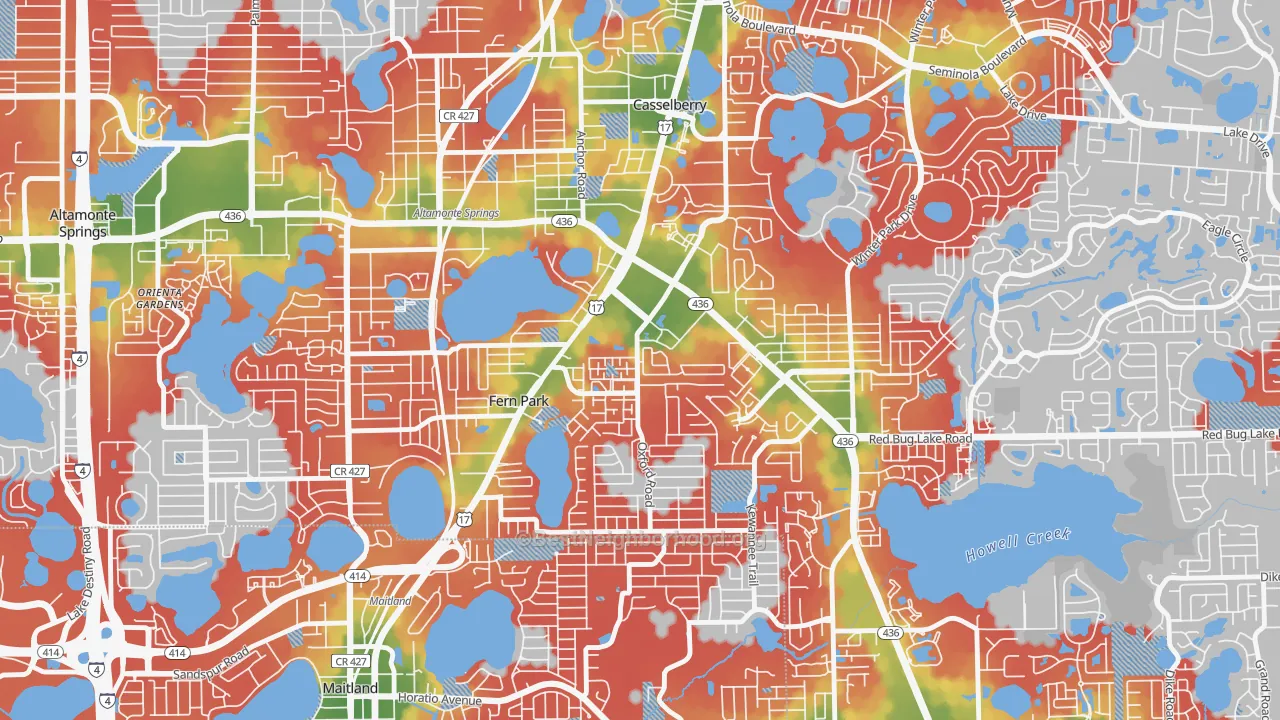 Walk Grade map of 32730, FL, walkable areas in green and car-dependent areas in red