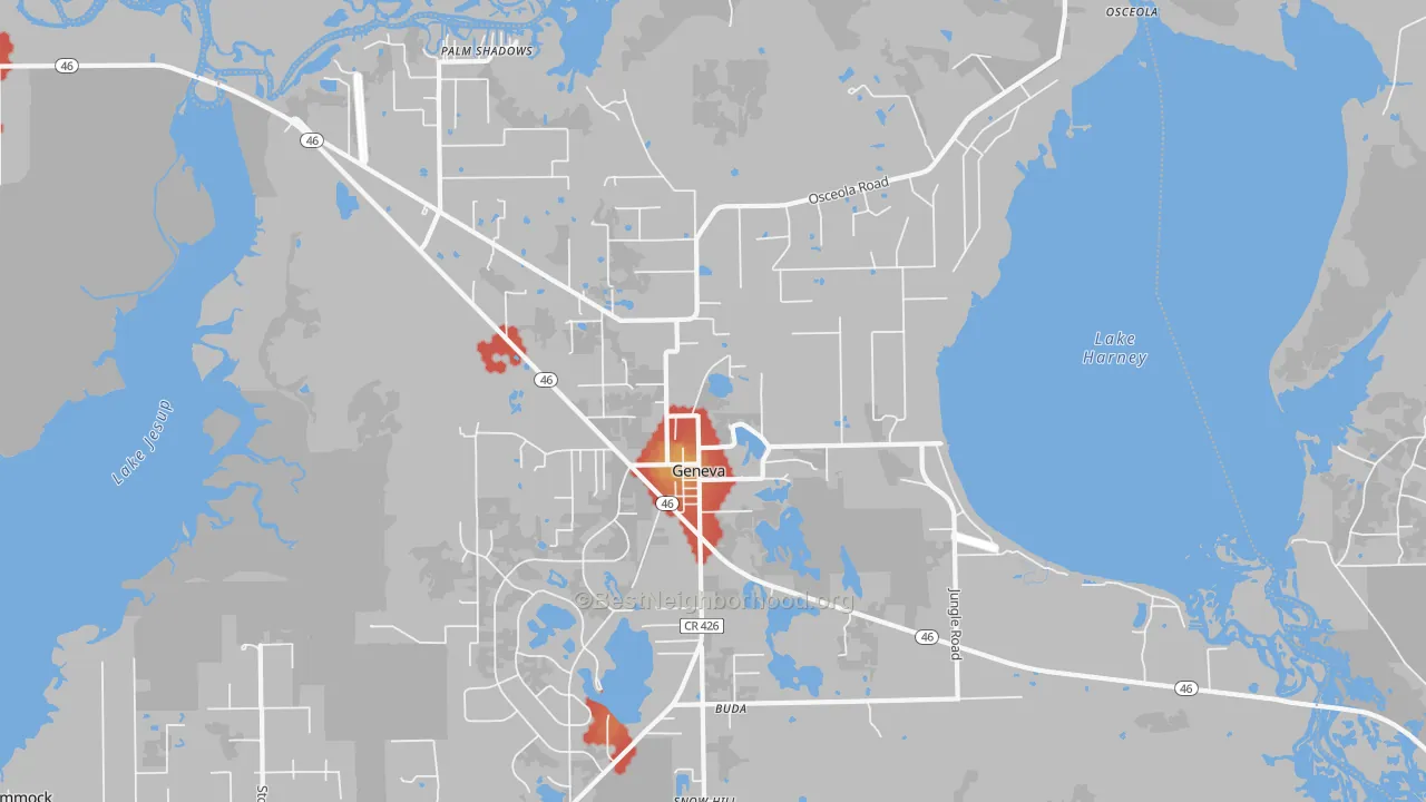 Walk Grade map of 32732, FL, walkable areas in green and car-dependent areas in red