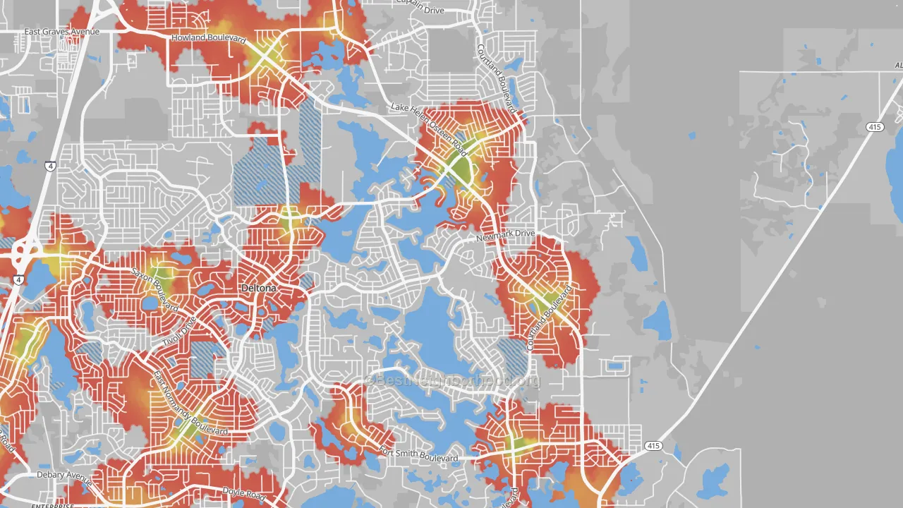 Walk Grade map of 32738, FL, walkable areas in green and car-dependent areas in red