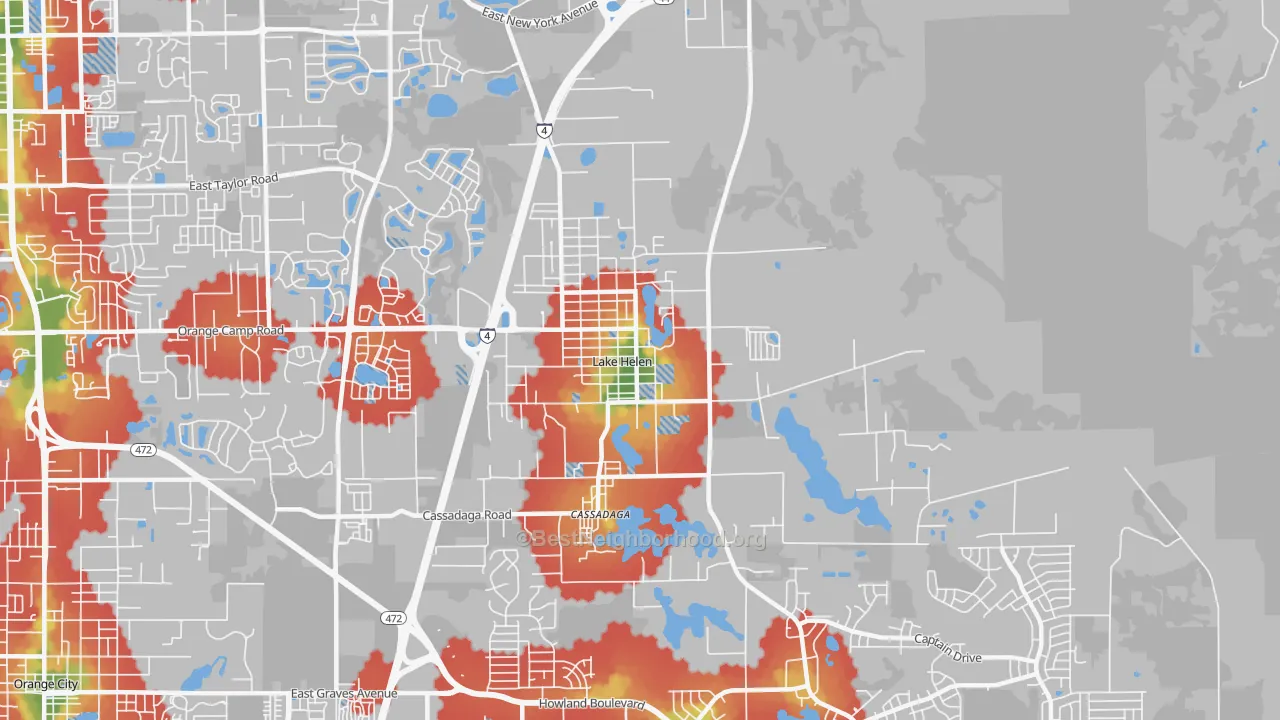 Walk Grade map of 32744, FL, walkable areas in green and car-dependent areas in red