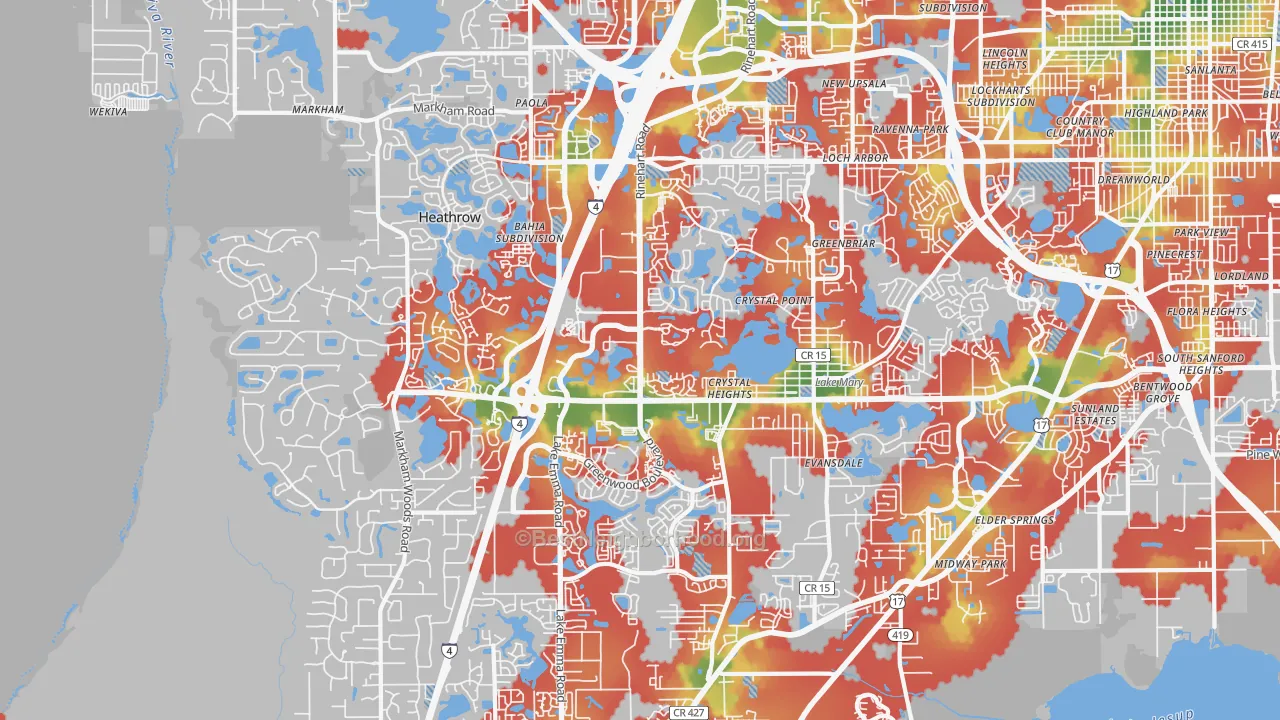 Walk Grade map of 32746, FL, walkable areas in green and car-dependent areas in red