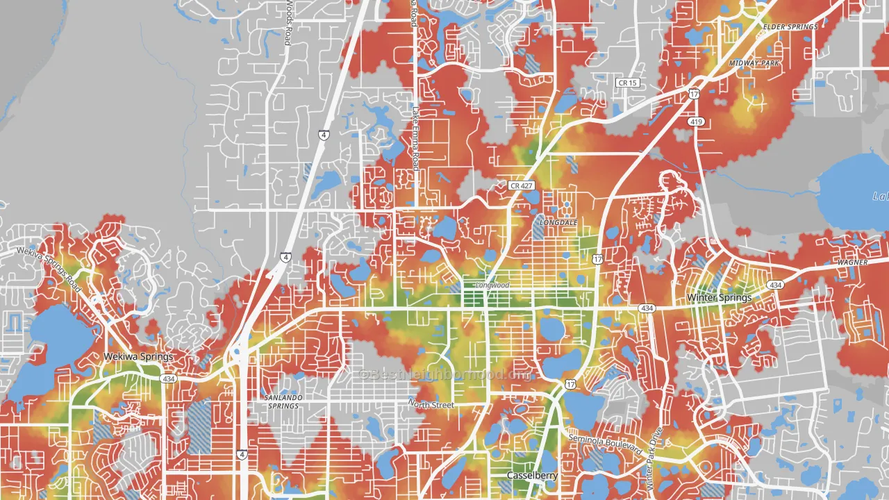 Walk Grade map of 32750, FL, walkable areas in green and car-dependent areas in red