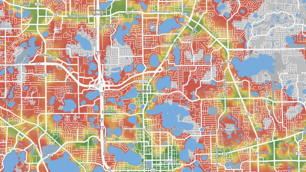 Walk Grade map of 32751, FL, walkable areas in green and car-dependent areas in red