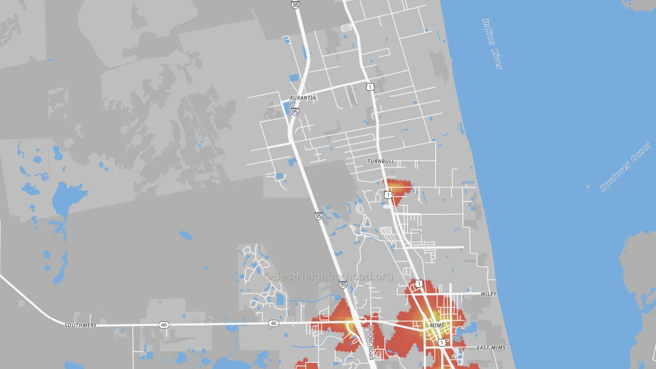 Walk Grade map of 32754, FL, walkable areas in green and car-dependent areas in red