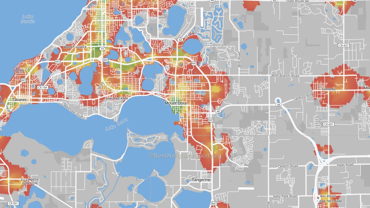 Walk Grade map of 32757, FL, walkable areas in green and car-dependent areas in red
